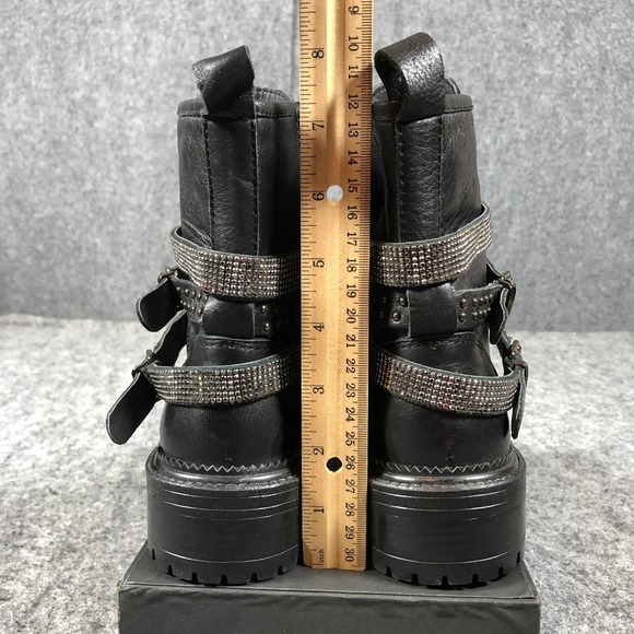 Steve Madden Womens Black Leather Combat Boots Rhinestone Harness Lug Sole Zip - Picture 7 of 16